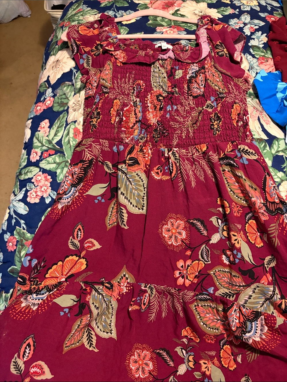 Maurices Burgundy Floral Maxi Skirt with Smocked Bodice
